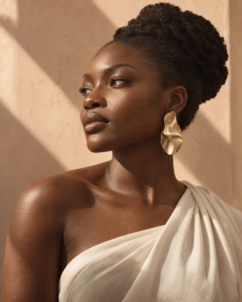AI-generated editorial portrait of a Nigerian woman wearing artistic gold-tone jewelry; decorative campaign artwork, not inventory photography.