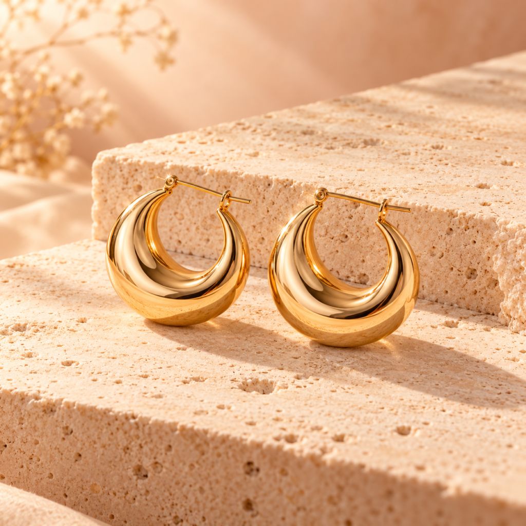 AI-generated design sample of gold-tone earrings; not actual inventory